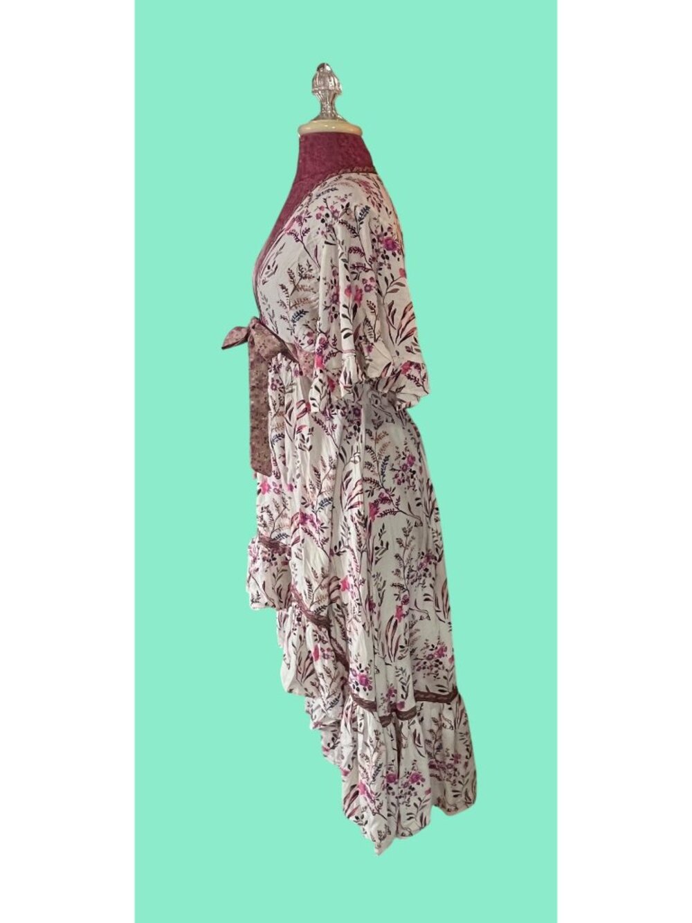 Floral High-Low Wrap Dress With Ruffle Hem Bell Sleeves & Tie Waist Beige & Pink - Picture 2 of 11